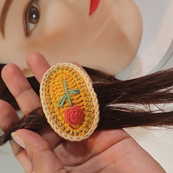 Hand Crafted Hand Knit Crochet  Hair Clip Red Rose embroidered Snap Clip 2.5" - Picture 15 of 17